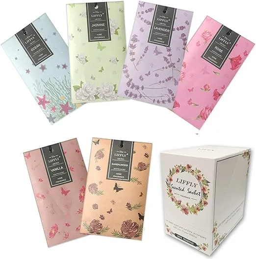 LIFFLY 14 Packs Scented Sachets for Drawers and Closets Lavender, Rose, Jasmine, Ocean, Vanilla, Sandalwood, 6 Scent (6 Different Scent)