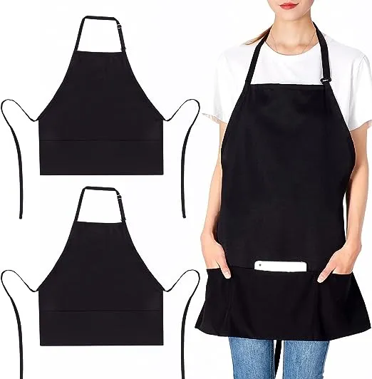 Jubatus 2 Pack 3 Pockets Adjustable Bib Apron Chef Kitchen Cooking Aprons for Women Men, Black