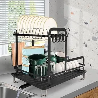 Dish Drying Rack,16.5 * 11.8 * 13.6'' 2 Tier Over The Sink Dishrack Strainer,Large Capacity W/Drainboard and Utensil Holder,Auto-draining,Non-Slip for Kitchen Counter