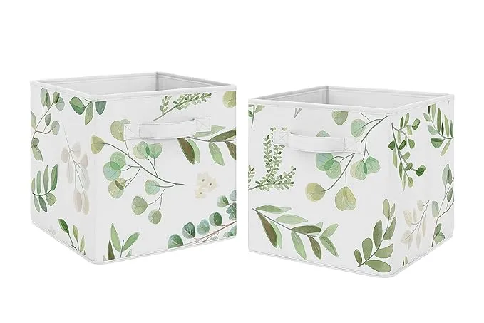 Sweet Jojo Designs Floral Leaf Foldable Fabric Storage Cube Bins Boxes Organizer Toys Kids Baby Childrens - Set of 2 - Green and White Boho