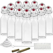 Nevlers 8.5 Oz Square Swing Top Glass Bottles |12 Pack Flip Top Glass Bottle Set | Swing Top Bottles for Kombucha - Beer - Limoncello | Glass Bottles with Swing Top Lids Includes Brush, Funnel, Marker