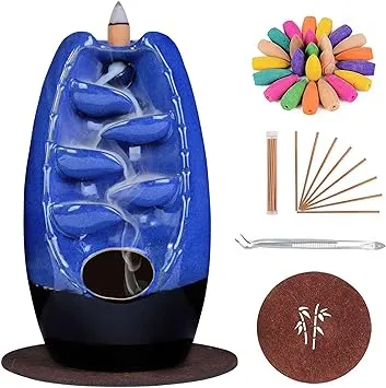 SPACEKEEPER Ceramic Backflow Incense Holder and Burner Waterfall, with 120 Backflow Incense Cones + 30 Incense Stick, Aromatherapy Ornament Home Decor, Blue Set