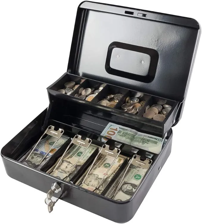 KYODOLED Locking Cash Box with Lock,Money Box with Cash Tray,Lock Safe Box with Key,Money Saving Organizer