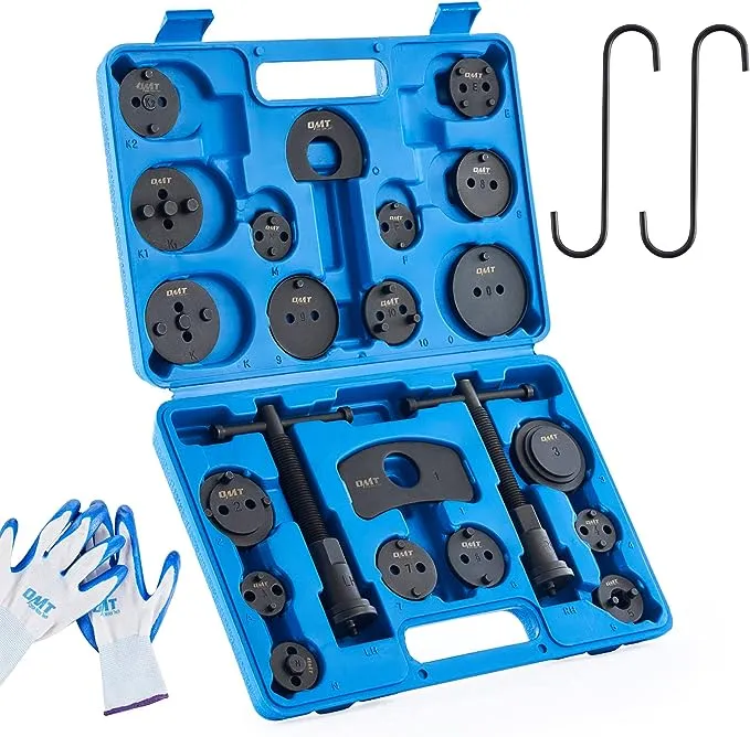 Orion Motor Tech Brake Caliper Wind Back Tool Kit, 24pc Brake Caliper Compression Tool Set with Thrust Bolt Assemblies Retaining Plates Caliper Hangers 18 Disc Adapters, Brake Caliper Tool, Blue Case