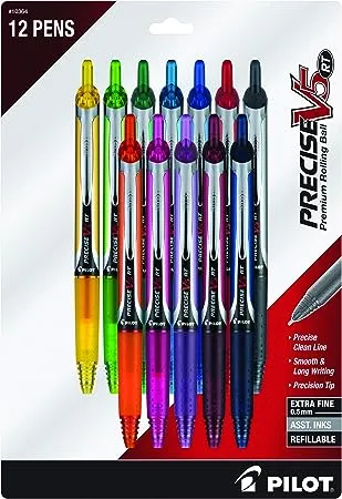 Pilot, Precise V5 RT Refillable & Retractable Rolling Ball Pens, Extra Fine Point 0.5 mm, Assorted Colors, Pack of 12.