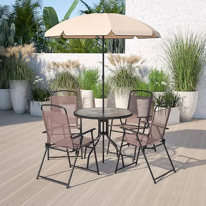 Flash Furniture Nantucket 6 Piece Patio Garden Table Set - Umbrella Table - Set of 4 Brown Folding Chairs