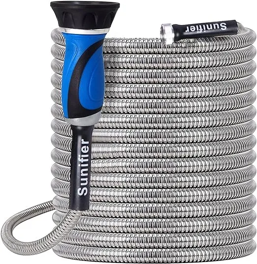 Sunifier Metal Garden Hose 50 ft with Hose Nozzle Flexible Stainless Steel Garden Hose 50 ft Heavy Duty Water Hose for Garden 50ft