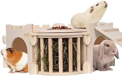 Large Guinea Pig Castle, Natural Wood Rabbit House with Ladder and Hay Feeder, Small Animal Hideout for Rabbit Guinea Pig Hedgehog Chinchilla