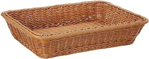 Poly Wicker Bread Basket, Long Woven Tabletop Food Fruit Vegetable Serving Basket, Restaurant Serving, Honey Brown (11.8X7.9X2.8")