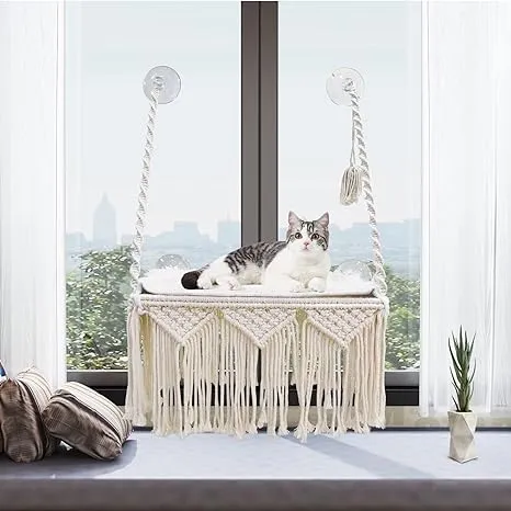 Cat Window Perch Macrame Cat Hammock Boho Wall Mounted Pet Resting Seat Bed for Sunbathing, Napping & Overlooking with 4 Seat Suction Cups & Fleece Blanket & Knitted Ball Toy - Weighted up to 35lbs.