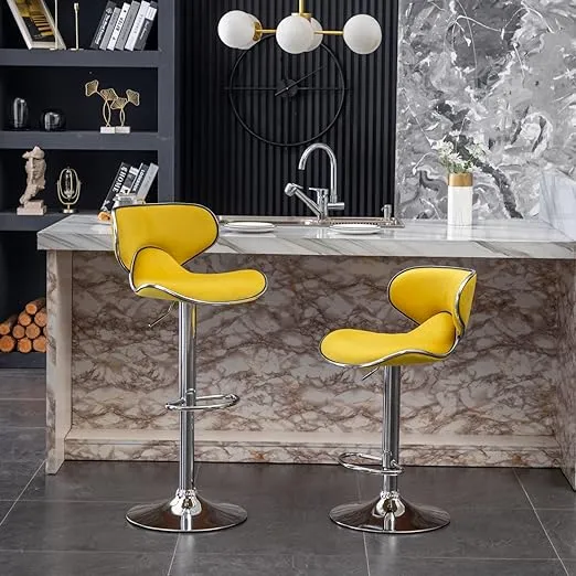 Roundhill Furniture Masaccio Velvet Upholstered Adjustable Swivel Barstool, Set of 2 - Yellow