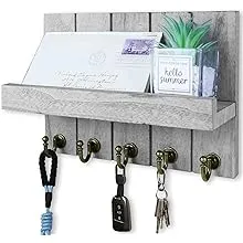 Wood Key Mail Holder Wall-Mounted - with 5 Vintage Key Hooks, Key Holder for Wall Decorative, Rustic Key Hanger, Key Rack for Leash, with Shelf for Entryway, Office, Grey