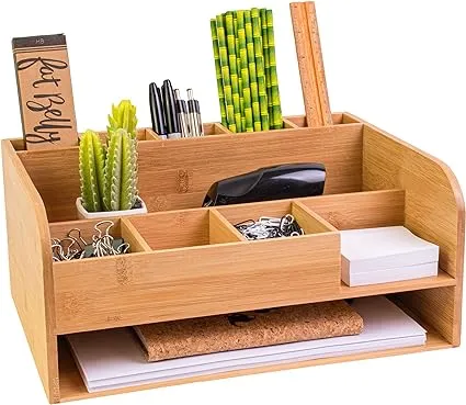 MissionMax Bamboo Wood Desk Organizer, Max Storage with Two File Trays, Vertical File, Pens, Pads and Other Bins to Hold Your Work Necessities