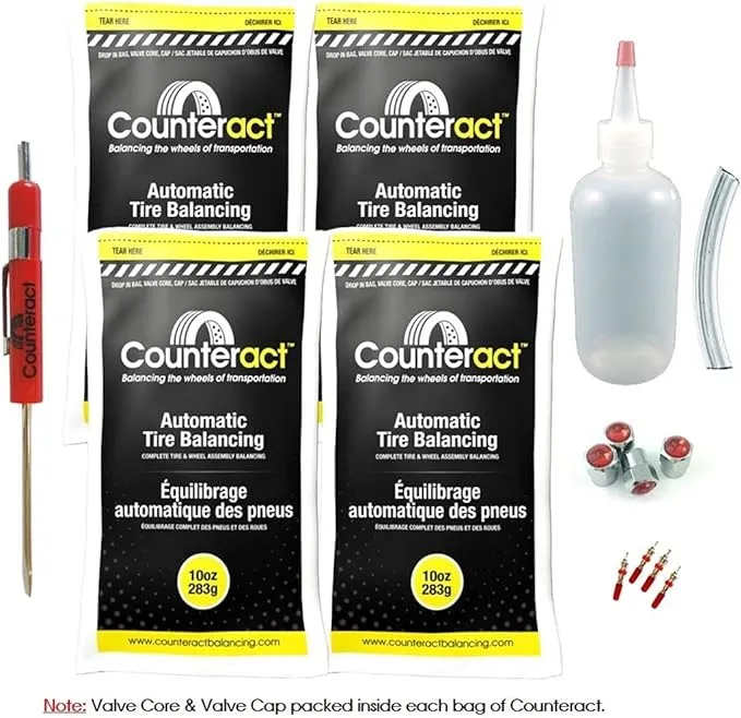 Counteract DIYK-4 Do It Yourself Tire/Wheel Balancing Beads Kit - Off -Road, Light Duty Truck Tires, (4) 4oz DIY Bead Bags, (4) Valve Caps and Cores, (1) Core Remover, Injector Bottle