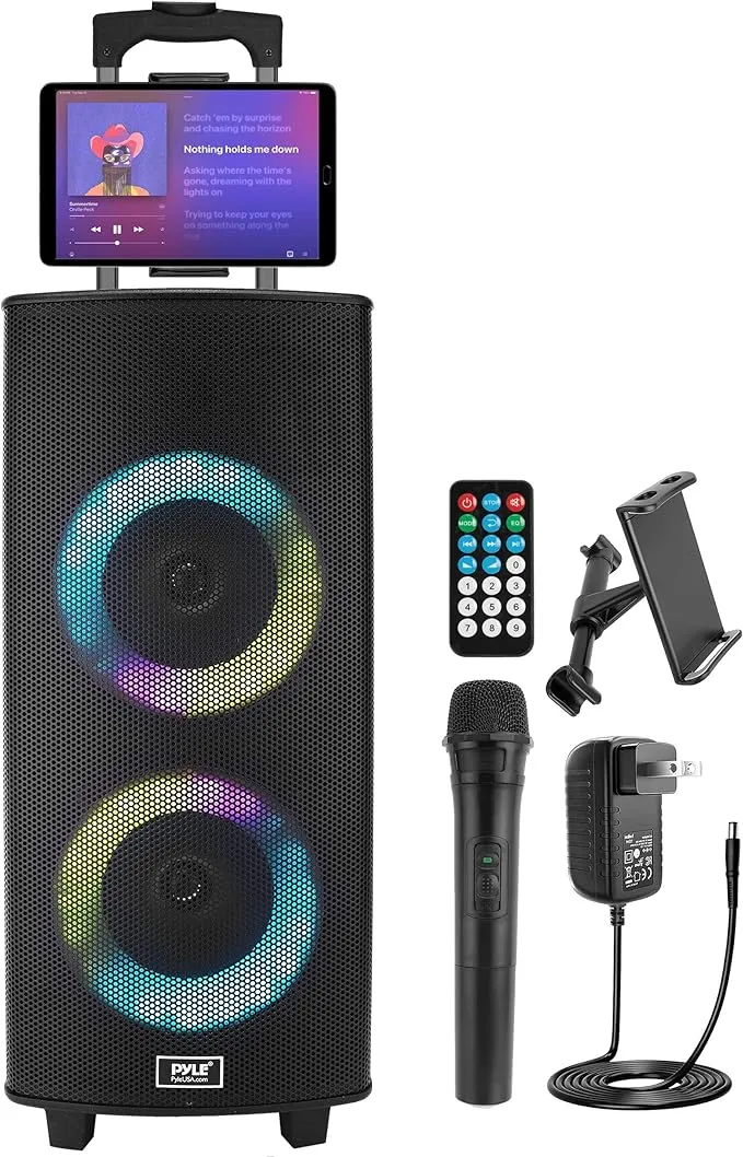 Pyle Portable Bluetooth PA Speaker System - 700W Dual 8” Rechargeable Speaker, TWS, Party Light, LED Display, FM/AUX/MP3/USB/SD, Wheels, Wireless Mic, Remote Control, Tablet Holder Included