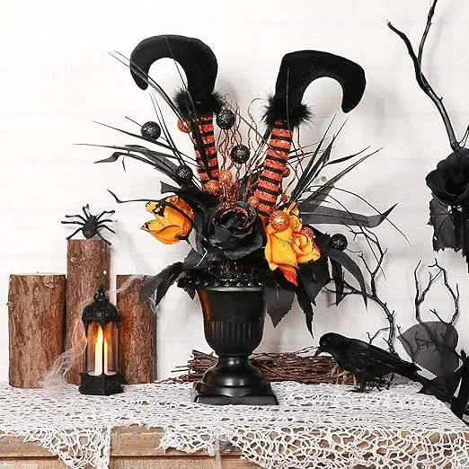 S-DEAL Halloween Decorations Table Artificial Flowers, Halloween Witch Boot and Fake Rose Tabletop Centerpieces Halloween House Haunted Decor 13x17 InchesS-DEAL Halloween Decorations Table Artificial F…