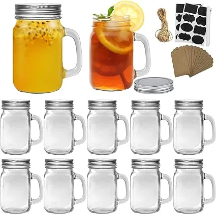 16 oz Mason Jars with Handle,Old Fashioned Drinking Glasses with Chalkboard Labels and Silver Metal Lids,Glass Mugs for Party or Daily use,Set of 12.