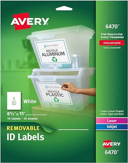 Avery White Removable Multipurpose Labels, 8.5" x 11", 10 Pack (06470)