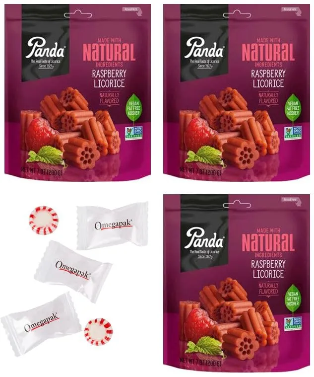 Panda All Natural Soft Licorice 3 Flavor Variety Bundle - Black Licorice, Raspberry Licorice, Strawberry Licorice with Omegapak Starlight Mints, Bundl