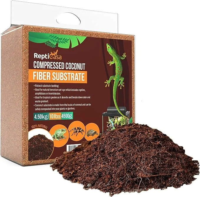 Compressed Coconut Fiber Substrate, 10 lb. Block, Natural Husk Terrarium Bedding, Reptiles, Frogs, Snakes, or Tortoise, Odor and Waste Absorbent Compostable, Organic with High Expansion