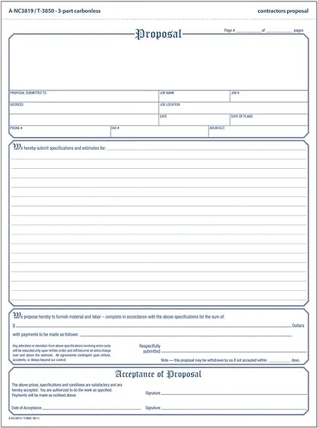 Adams Contractor's Proposal Forms, 8.5 x 11.44 Inch, 3-Part, Carbonless, 50-Pack, White, Canary and Pink (NC3819)