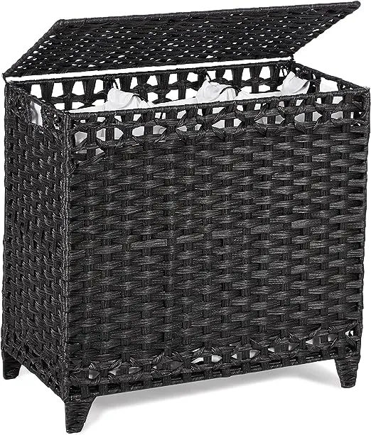 Laundry Hamper with 3 Removable Liner Bags; 132L Handwoven Rattan Laundry Basket with Lid & Heightened Feet; Clothes Hamper with Side Handles; Laundry Sorter with 3 Separate Sections (Black)