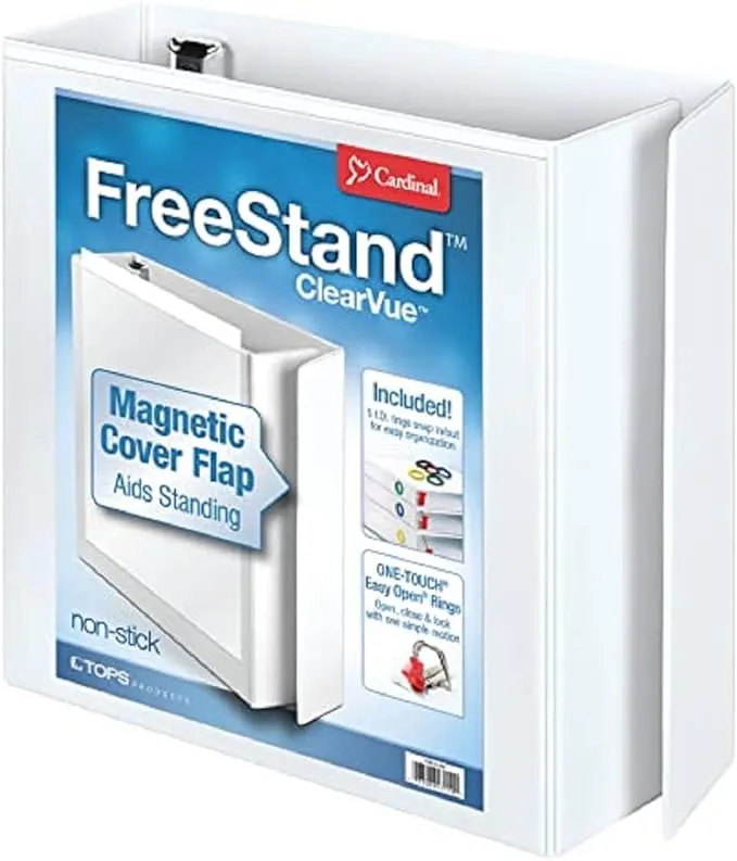 Cardinal 3 Ring Binder, 3 Inch FreeStand Binder with Magnetic Cover Flap, Shelf Pull and 5 Color-Coded Rings, ONE-TOUCH Easy Open Locking Slant-D Rings, Holds 650 Sheets, White