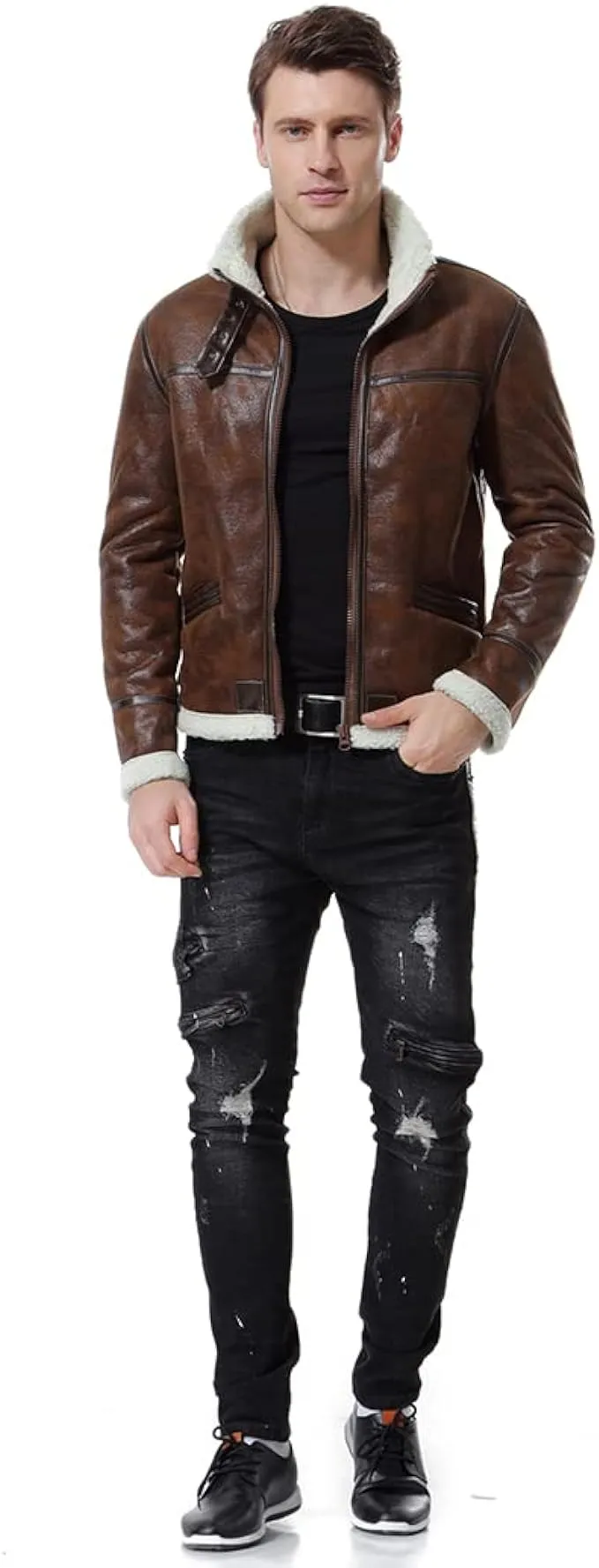 "Men's Stand Collar Bomber Brown Leather Biker Jacket - Films Jackets"