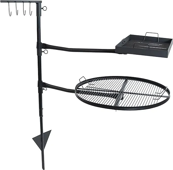 Sunnydaze Outdoor Camping or Backyard Steel Adjustable Cooking Grilling Fire Pit BBQ Stake with 2 Swivel Swing Grates