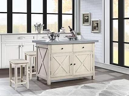 OSP Home Furnishings Nashville Kitchen Island with Cement Grey Top and 2 Stools