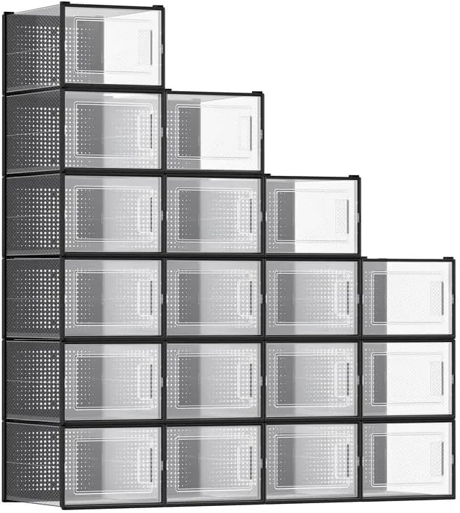 SONGMICS Pack of 18 Stackable Shoe Storage Organizers, Transparent and Black, Size: 12