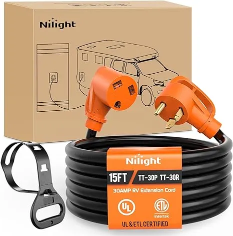 Nilight 30 Amp 15FT RV Extension Cord 125V Heavy Duty 10 Gauge Pure Copper STW Wire UL ETL Listed 3 Prong TT-30P TT-30R 30F/30M Weatherproof Cord Suit for RV Camper Caravan Trailer, 2 Years Warranty