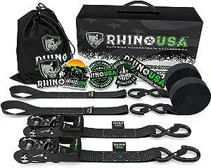 Rhino USA Ratchet Strap Tie Down Kit, 5,208 Break Strength - Includes (2) Heavy Duty 1.6" x 8' Rachet Straps with Padded Handles & Coated Chromoly S Hooks + (2) Soft Loop Tie-Downs