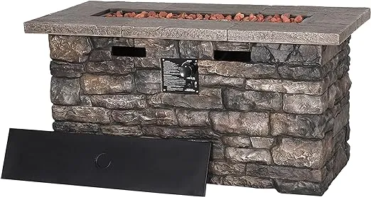 VEIKOUS 46'' Outdoor Rectangle Propane GAS Fire Pit Table with Lid, Cover, Free Lava Rocks and Stone Finish Design, 50000 BTU Stainless Steel Burner