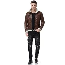 AOWOFS Men's Faux Leather Jacket Brown Motorcycle Bomber Shearling Suede Stand Collar