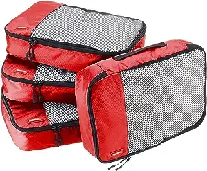 Amazon Basics 4 Piece Packing Travel Organizer Cubes Set - Medium, Red