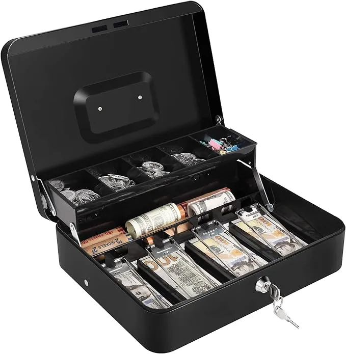 Cash Box with Lock and Money Tray Money Box for Cash Lock Box for Money Petty Cash Box Lockable Large Cash Box with Key Metal 11.8" x 9.4" x 3.54" Black