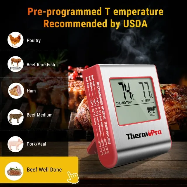 ThermoPro TP-16 Large LCD Digital Cooking Food Meat Smoker Oven Kitchen BBQ Grill Thermometer Clock Timer with Stainless Steel Probe