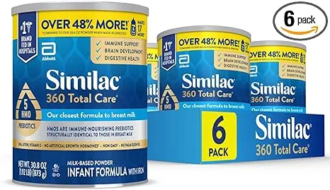 Similac 360 Total Care Baby Formula Powder, Has 5 HMO Prebiotics, 30.8-oz Value Can, Pack of 6