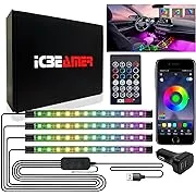 ICBEAMER Interior Lights for Car, Apps or Remote Control LED Multi Color Strip Lights RGB Sync to Music Fit All Vehicle Under Dash/Seat Lighting RGB Strip Light DIY Mode DC 12V