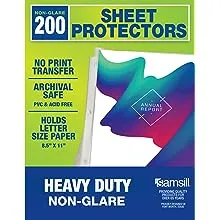 Samsill 200 Non-Glare Heavyweight Sheet Protectors, Reinforced 3 Hole Design Top