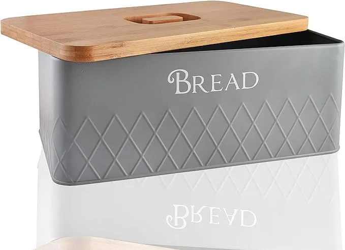 Bread Box with Bamboo Cutting Board Lid - Grey