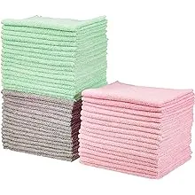 Amazon Basics Microfiber Cleaning Cloth, Non-Abrasive, Reusable and Washable, Pack of 48, Green/Gray/Pink, 16" x 12"