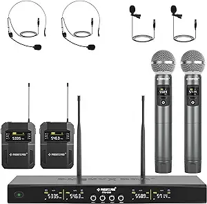 Phenyx Pro Wireless Microphone System, 4-Channel Wireless Mic Set with Handheld/Bodypack/Headset/Lapel Mics, Cordless Mic for Singing, Karaoke, Church (PTU-5200B)