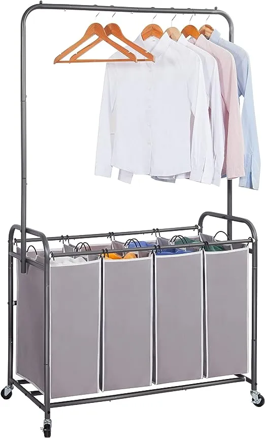 Laundry Sorter with Hanging Bar, Portable, Removable Laundry Hamper Cart with He