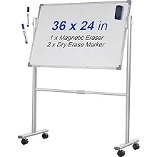 VEVOR Mobile Magnetic Whiteboard, 36 x 24 inch, Double Sided, 360 Degree Reversible Rolling Dry Erase Board, Height Adjustable with Aluminum Frame