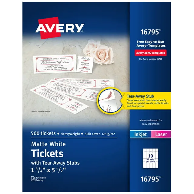 Avery Printable Tickets with Tear-Away Stubs, Matte, 1-3/4" x 5-1/2", 500 Tickets (16795)