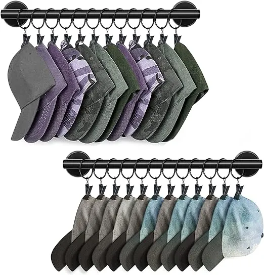 Lunies Hat Rack for Wall with 24 Hooks, Hat Organizer Holder for Baseball Caps, Cap Organizer Hanger, Hat Hanger for Closet, Black Hat Holder with Cli