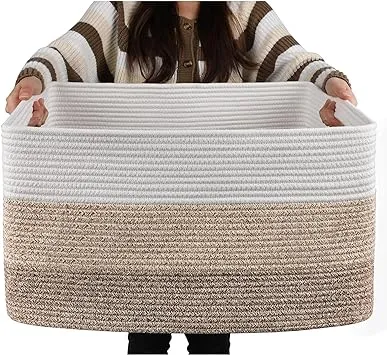 OIAHOMY Large Rectangle Blanket Basket, Woven Nursery Cotton Rope Baskets for Storage, Living Room, Toy Organizing with Handle-22”x17”x12”-Gradient Yellow