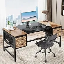 Tribesigns Computer Executive Desk with Drawers: Wood 63" Computer Desk with 4 Storage Drawers, Farmhouse Study Writing Table, Herringbone Business Furniture for Home Office, Brown and White